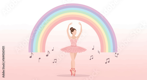 Elegant ballerina gracefully dances beneath a pastel rainbow with floating music notes
