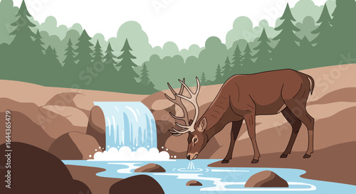 Deer drinking water in the forest near waterfall cartoon illustration wildlife scene with trees and rocks peaceful outdoor environment beautiful