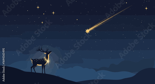Deer Gazing at Shooting Star Under Night Sky Illustration Cartoonish Style