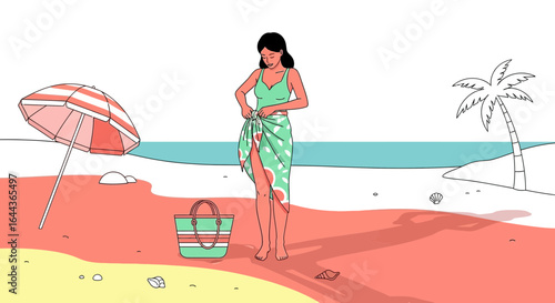 Elegant beachside illustration of a woman in swimsuit with sarong enjoying summer days