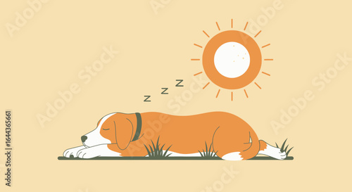 Cute cartoon illustration of a dog sleeping peacefully in the warm sunshine