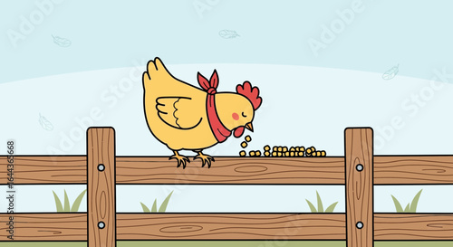 Cute Cartoon Illustration of a Chicken on a Fence Eating Seeds in a Farm Setting