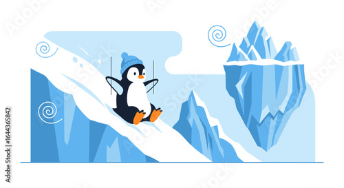 Cute cartoon penguin sliding down an icy slope in Antarctica vector illustration graphic design for children stories