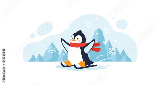 Cute cartoon penguin with red scarf sledding in a snowy winter landscape scene