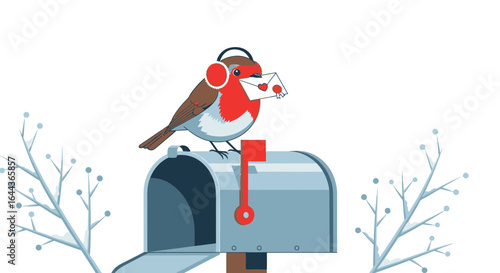 Cute Cartoon Robin Bird Delivering a Valentine's Day Love Letter on Mailbox illustration