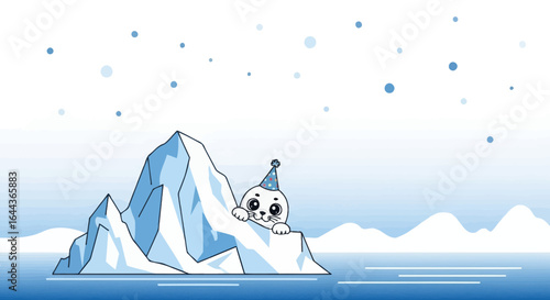 Cute cartoon seal with a party hat peeking out from behind an iceberg in winter wonderland