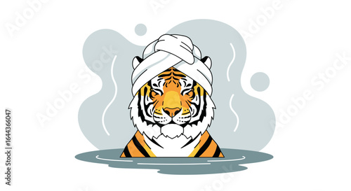 Cute cartoon tiger wearing a turban, relaxing in water with steam behind it in a spa