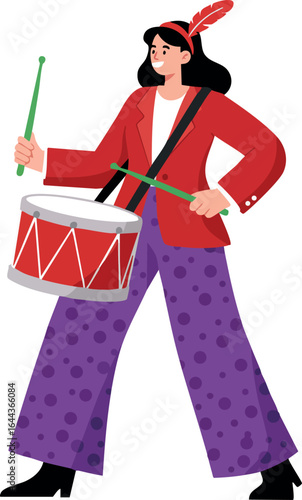 Woman Playing Drum in Red Jacket and Purple Polka Dot Pants Vector Illustration 