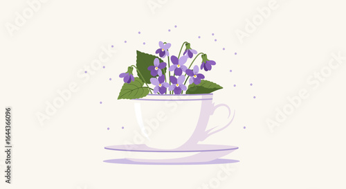 Delicate violets elegantly arranged in a teacup, a whimsical floral illustration