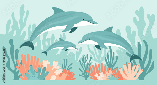 Delightful cartoon illustration featuring a family of dolphins swimming together gracefully in the ocean