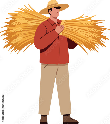 Farmer carrying bundle of wheat in straw hat and red jacket agricultural harvest vector illustration 