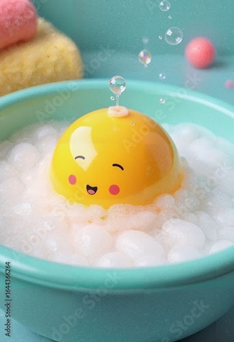 Funny ball in foamy water in basin in bathroom