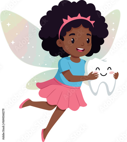 Flying fairy girl holding smiling tooth cartoon character in colorful outfit vector illustration 