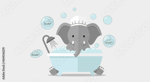Cute elephant cartoon taking a bubble bath with shower and soap concept design