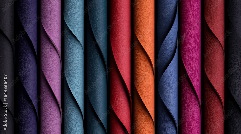 Obraz premium Row of colorful fabric rolls, each with a different color. The rolls are arranged in a line, with the first one being purple and the last one being red. The rolls are of varying sizes