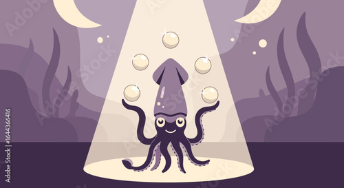 Delightful Deep Sea Juggler: A charming squid performs with floating orbs under the ocean moon
