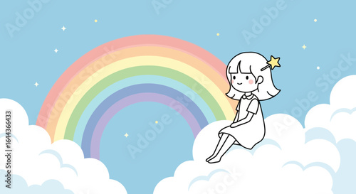 Cute Girl With Star Hairpin Sitting On Cloud With Rainbow Background