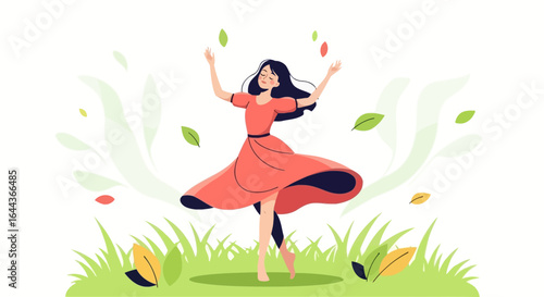 Delightful depiction of a woman dancing gracefully surrounded by nature elements vector illustration evokes feelings of joy and freedom