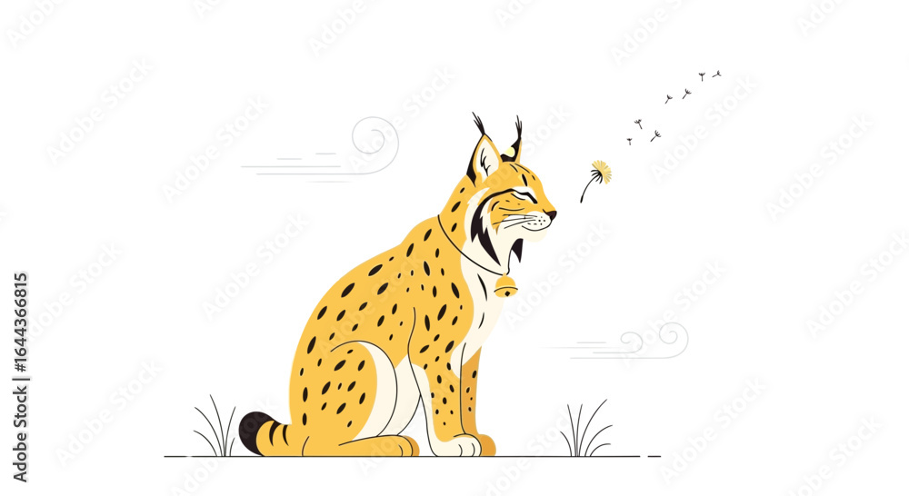 Fototapeta premium Cute lynx with a dandelion in a minimalist style vector illustration design