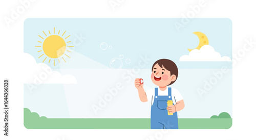 Delightful vector illustration of a young boy blowing soap bubbles in a cheerful setting
