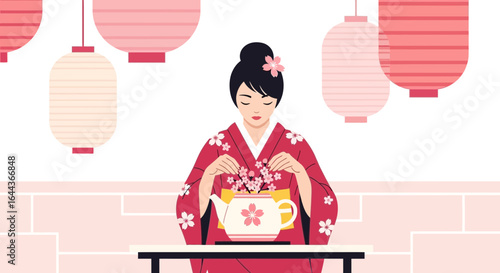 Elegant Japanese Woman Arranging Cherry Blossoms in a Teapot with Lanterns Around