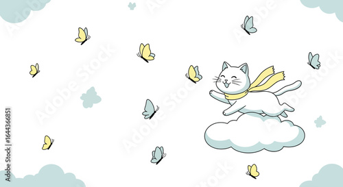 Delightful white cat flying on a cloud surrounded by colorful butterflies illustration