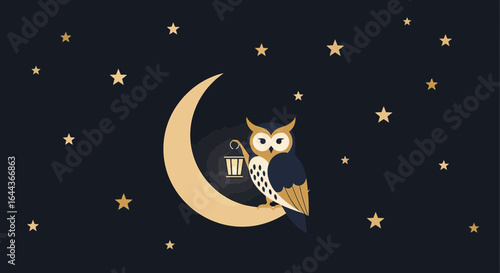 Cute owl sitting on crescent moon under starry night sky vector illustration