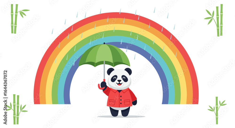 Naklejka premium Cute panda with umbrella under rainbow in the rain colorful cartoon illustration