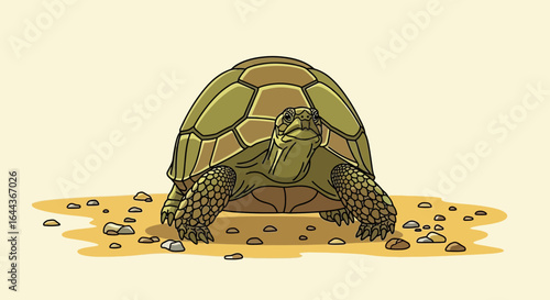 Detailed digital illustration of a turtle standing on a sandy surface with small rocks and light background