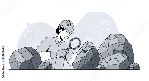 Detailed illustration of a geologist examining rocks with a magnifying glass in a mineral-rich area