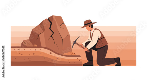 Detailed illustration of an archaeologist excavating rock formations for study and research