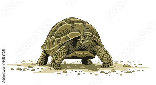 Detailed illustration of a tortoise on a sandy surface showcasing its textured shell and limbs