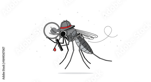 Detective mosquito with magnifying glass on white background illustration