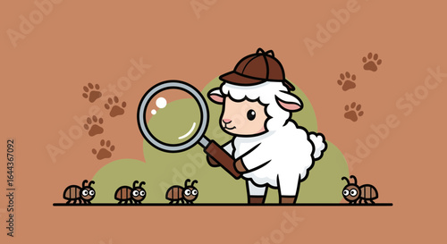 Detective Sheep Investigates Tiny Ants With Magnifying Glass On Brown Background