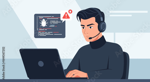 Developer debugging code on laptop with headset, encountering a bug in software development process