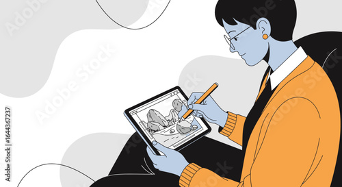 Digital artist creating artwork on a tablet using a stylus pen for design and illustrations