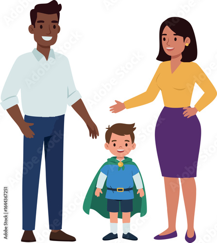 Family with child wearing superhero costume vector illustration happy parents and kid 
