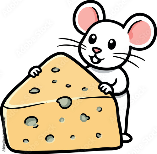 Cute mouse holding large piece of cheese cartoon vector illustration with white background 