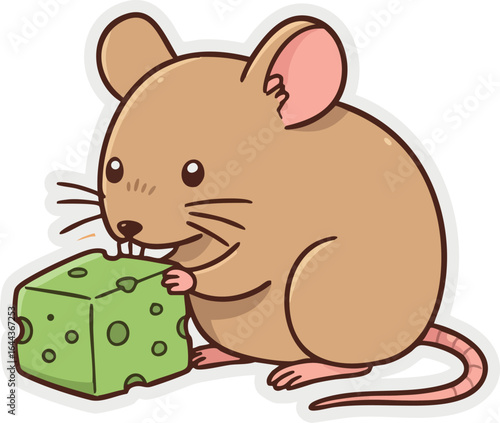 Mouse Eating Green Cheese Cartoon Style Vector Illustration for Children and Education 