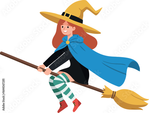Young witch flying on broomstick wearing yellow hat and blue cape vector illustration 