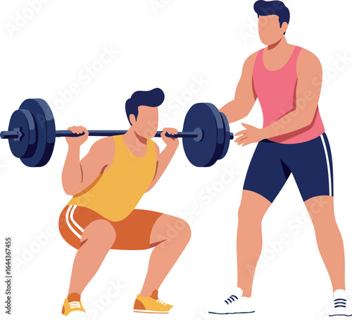 Man Squatting with Barbell and Trainer Spotting Weightlifting Exercise Vector Illustration 