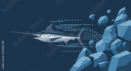 Digital Illustration of a Swordfish Swimming Past Submerged Rocks in the Ocean