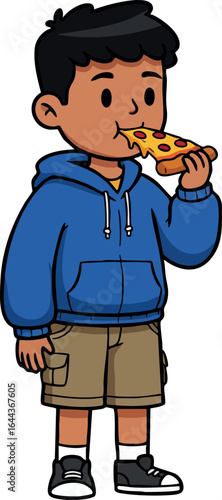 Boy eating slice of pizza casual outfit hoodie and shorts vector illustration 