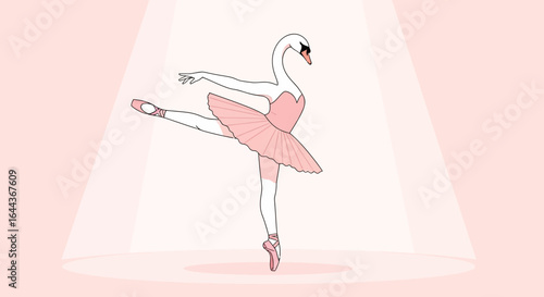 Elegant Swan Ballerina in Pink Tutu Performs Graceful Ballet Dance on Stage illuminated with Spotlight
