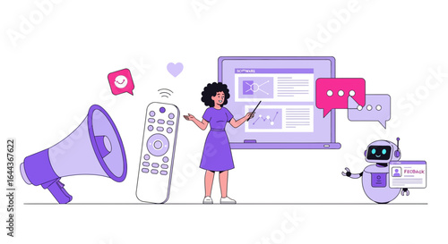 Diverse woman presenting with robot, technology, remote and marketing communication strategy concept