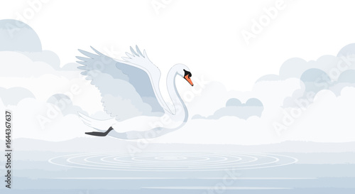 Elegant swan gracefully gliding across a tranquil lake under a cloudy sky illustration