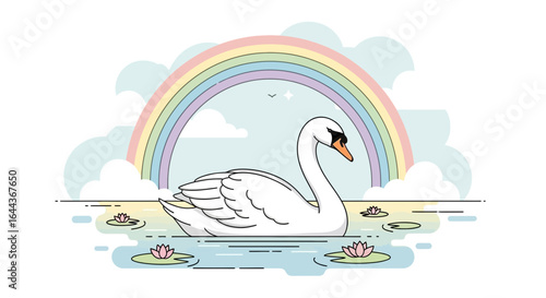 Elegant Swan in a Serene Lake with a Pastel Rainbow and Water Lilies illustration