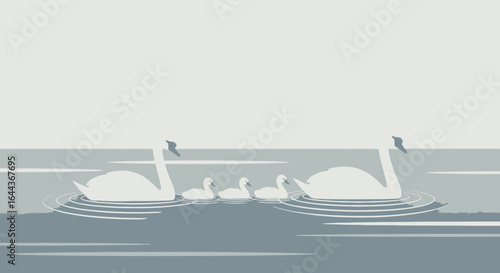 Elegant swans family gliding gracefully across a serene lake in vector art creating a calming and peaceful aquatic scene