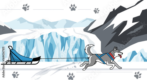 Dog sledding adventure: A husky pulling a sled through a snowy winter landscape