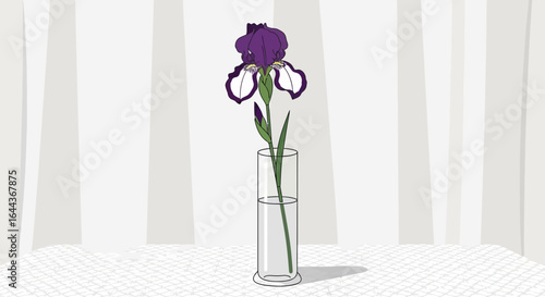 Elegant vector illustration of a single purple iris in a glass vase stands tall
